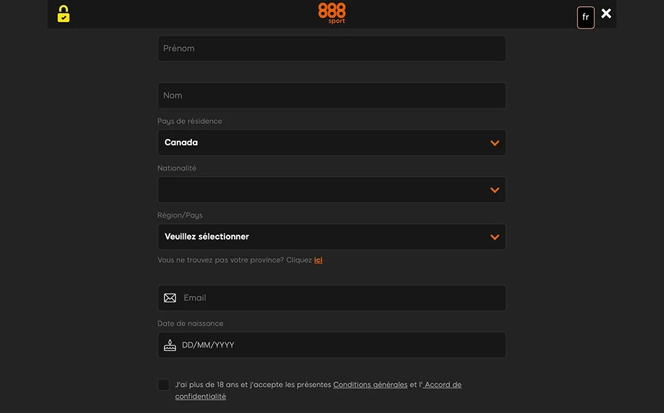 888sports Registration Step 1