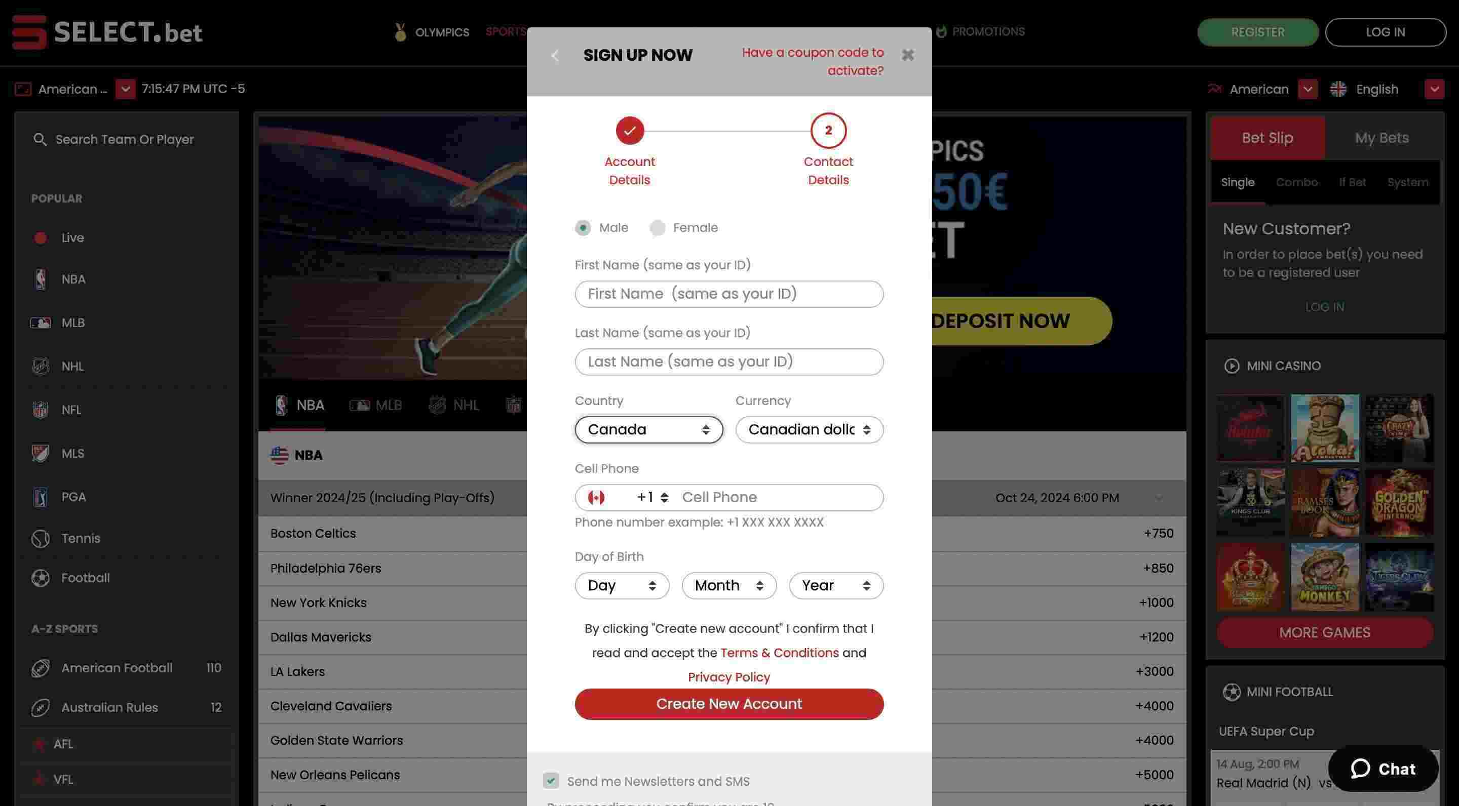 Open an Account in Select.bet-Step 3