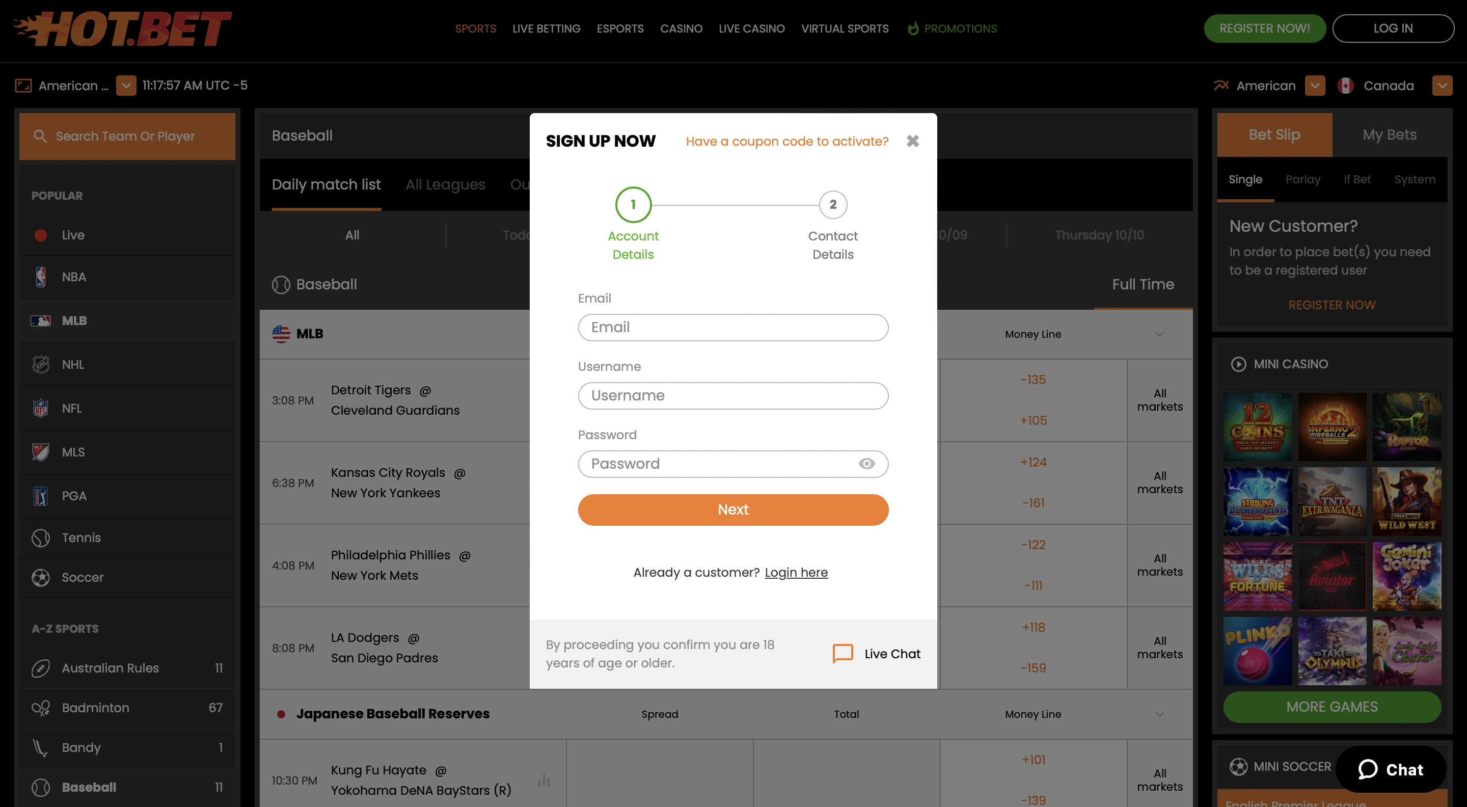 Open an Account in Hot.Bet-Step 2