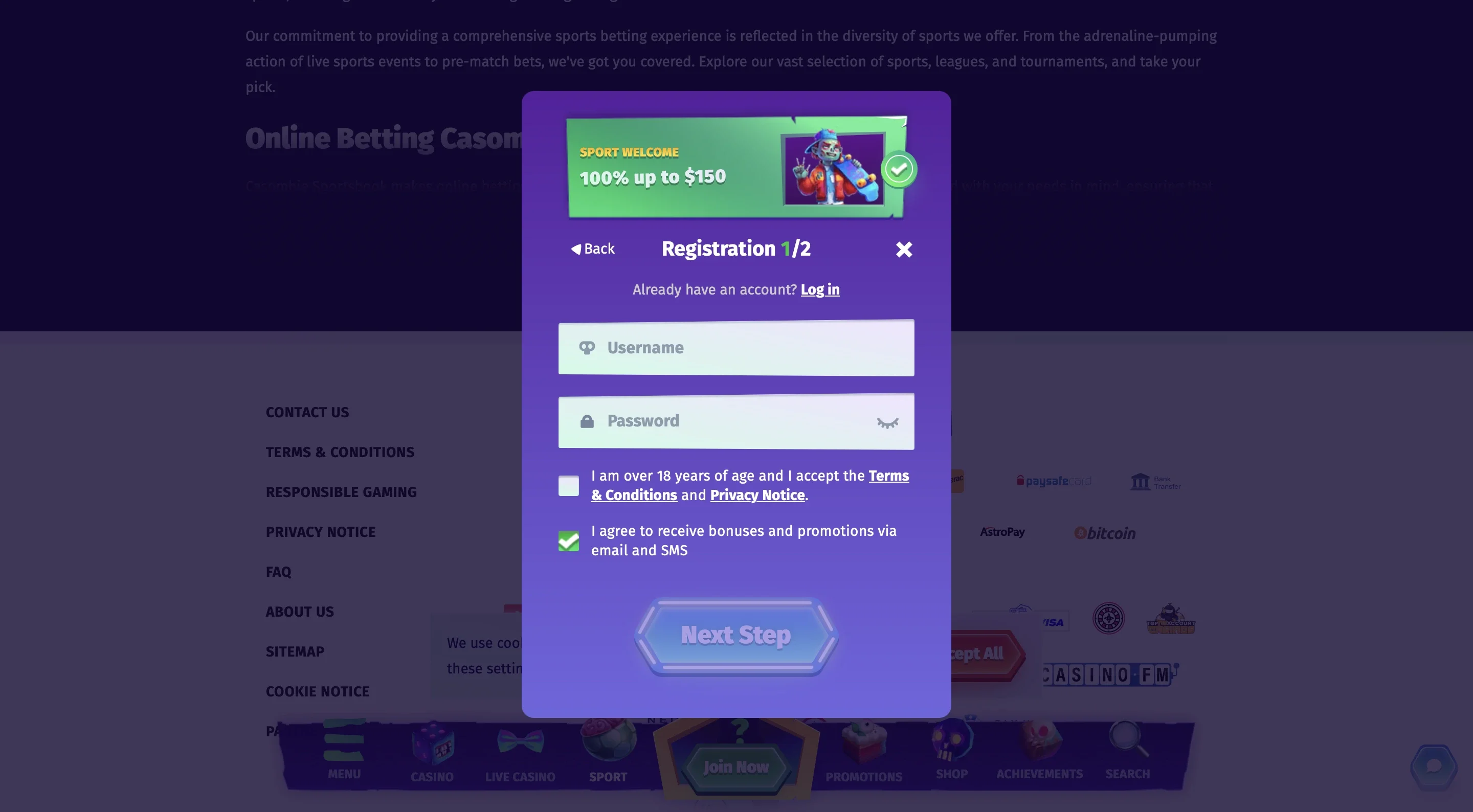 Open an Account in Casombie-Step 2