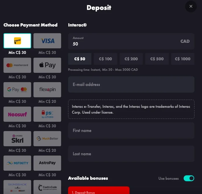 choose your preferred payment on Rooster Bet