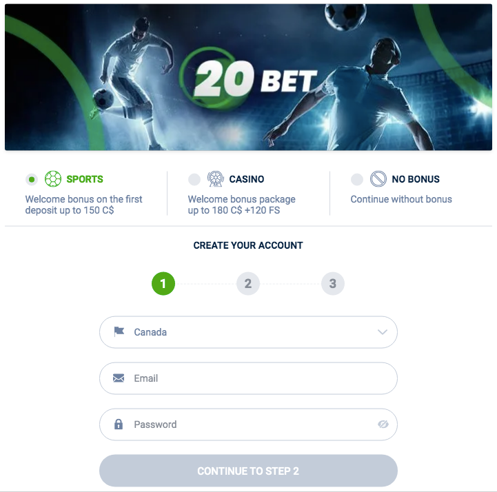 Open an Account on 20bet-Step 2