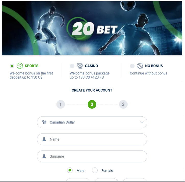 Open an Account on 20bet-Step 3