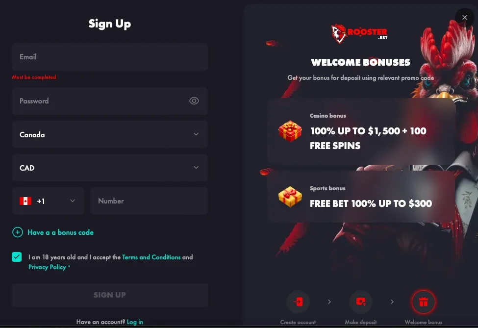 Open an account on Rooster Bet-Step 1